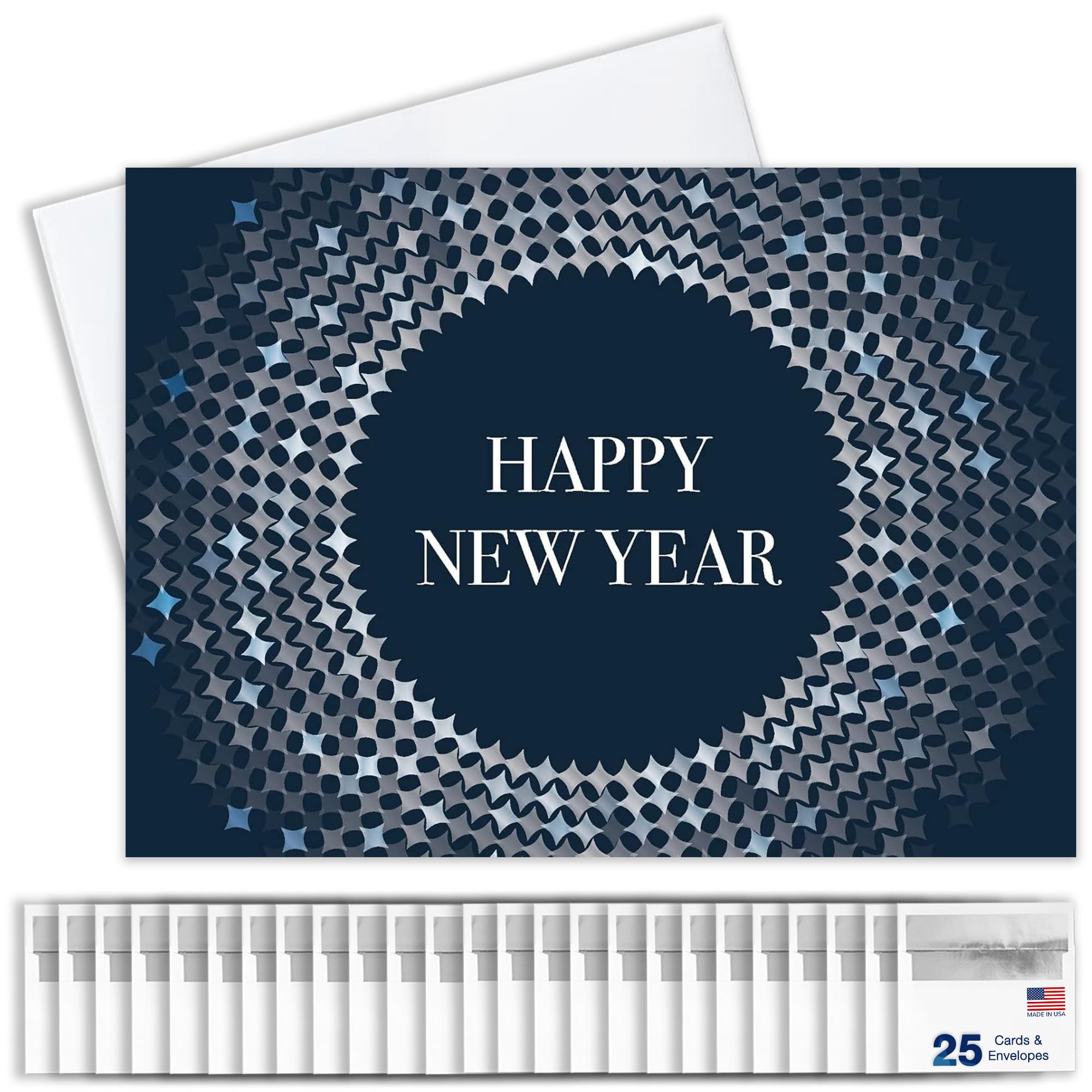 CEO Cards - Happy New Year Greeting Cards (Shining Blue Design), 5x7 Inches, 25 Cards & 26 White with Silver Foil Lined Envelopes (N1603)