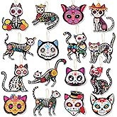 HOWAF 32pcs Dia De Los Muertos Decorations, Day of The Dead Wood Ornaments, Cat Skeleton Hanging Ornament for Mexican Dia de Los Muertos Altar Decor, Cat Dog Hanging Ornaments