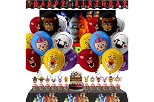 Nelton Birthday Party Supplies For FNAF Includes Banner - Backdrop - Cake Topper - 24 Cupcake Toppers - 24 Balloons - Table Cloth