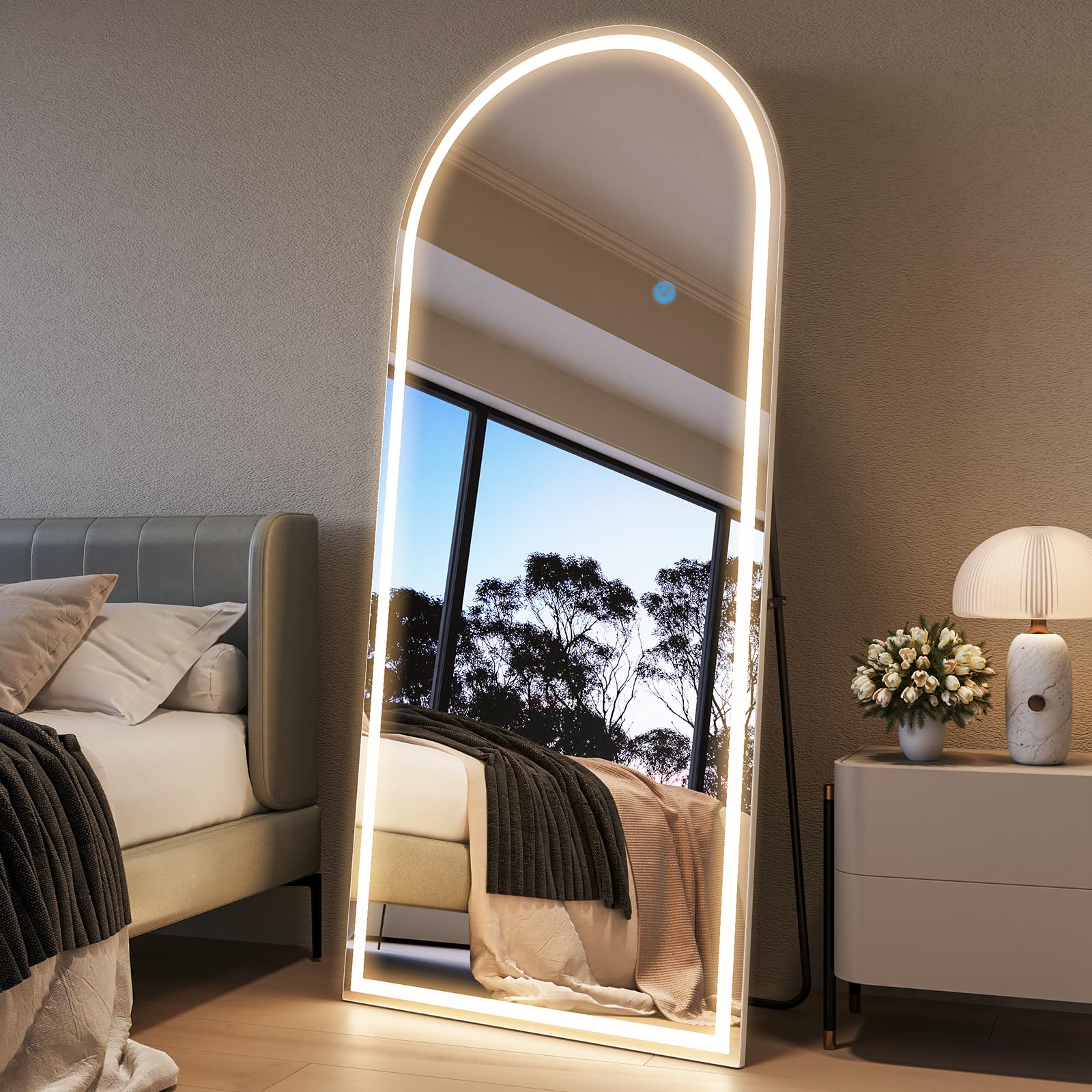 Photo 1 of Koonmi Arched LED Full Length Mirror 32" x 71" Wall Mounted/Standing Full Body Mirror with Dimmable & 3 Color Lighting, Aluminum Alloy Frame, Tempered Glass, Safe to Use, for Bedroom/Cloakroom