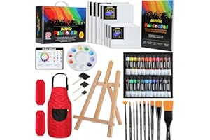 MMARTE 59pcs Acrylic Paint Set - Art Supplies Kit with 24 Non-Toxic Paints, Easel, Brushes, Canvas for Kids, Artists and Beginners, Red