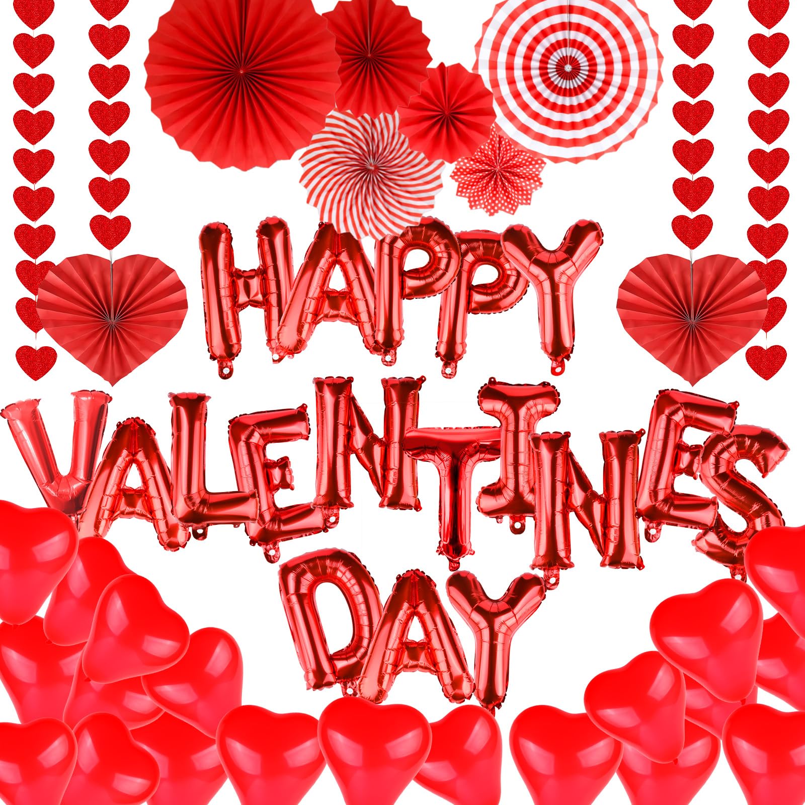 Photo 1 of 16" Mylar Foil Happy Valentine's Day Letters Balloons Banner with Red Paper Fan Heart Garland Latex Balloons for Valentine's Day Party Decorations Kit