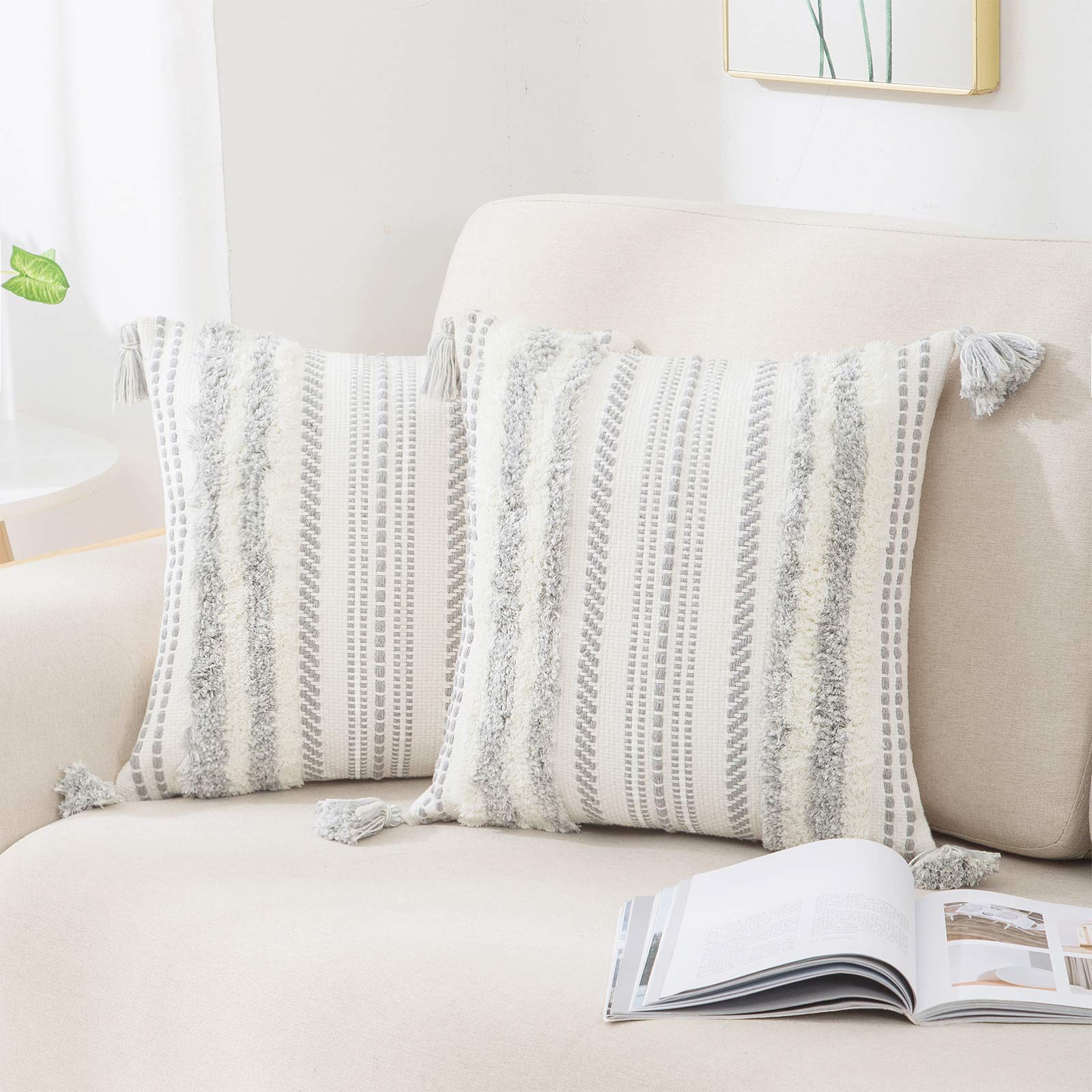 decorUhome Boho Grey Cushion Covers 45x45cm Set of 2, Decorative Tufted Tassel Woven Pillow Case for Sofa Couch 18X18 Inch