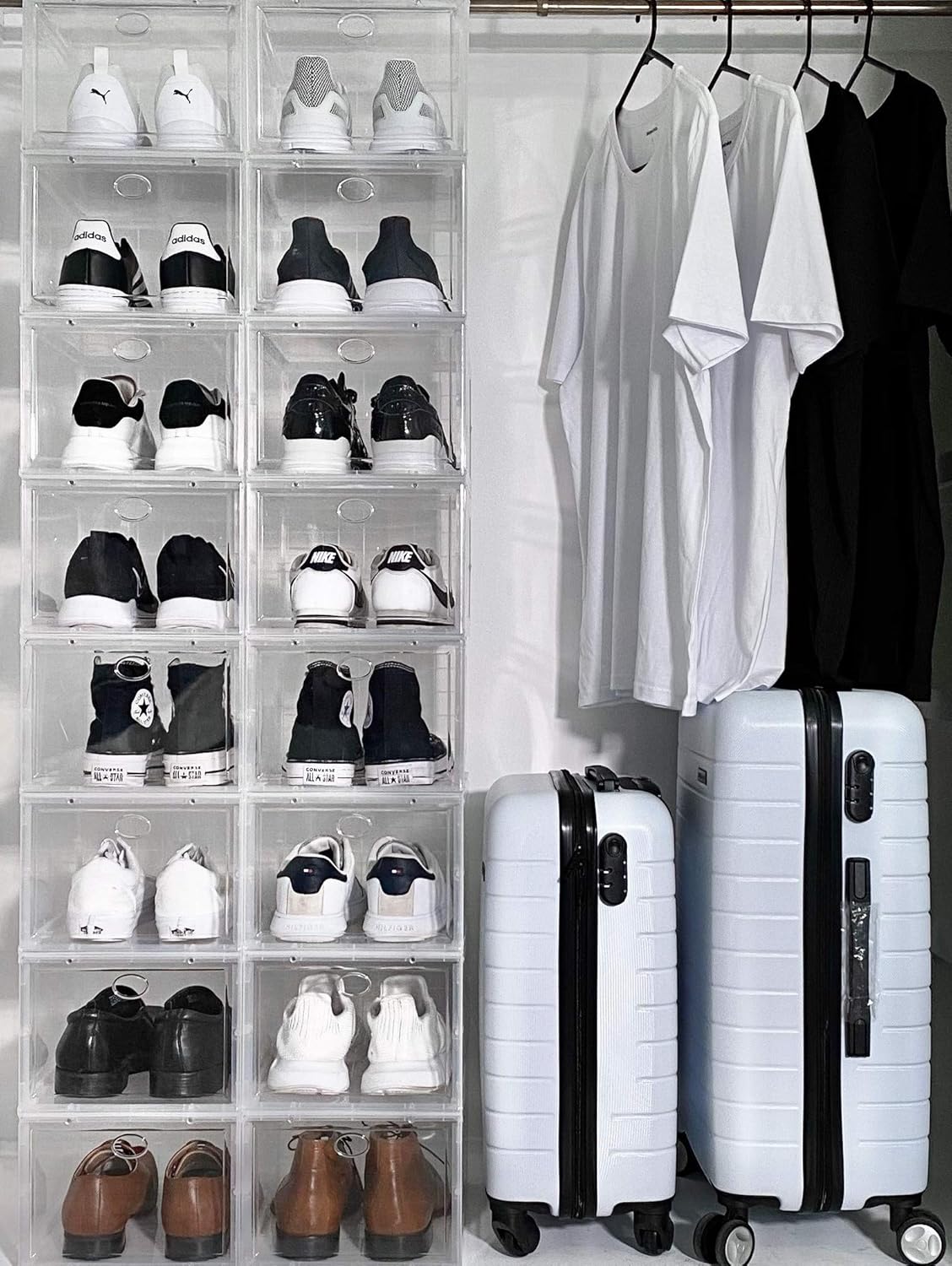 Drop Front Shoe Box, Set of 4, Stackable, for Men and Women - Clear, Plastic Shoes Storage Boxes for Sneaker, Heel, Sandal - space-saving closet organizer Shoe Container for shoe box organization: Home Improvement