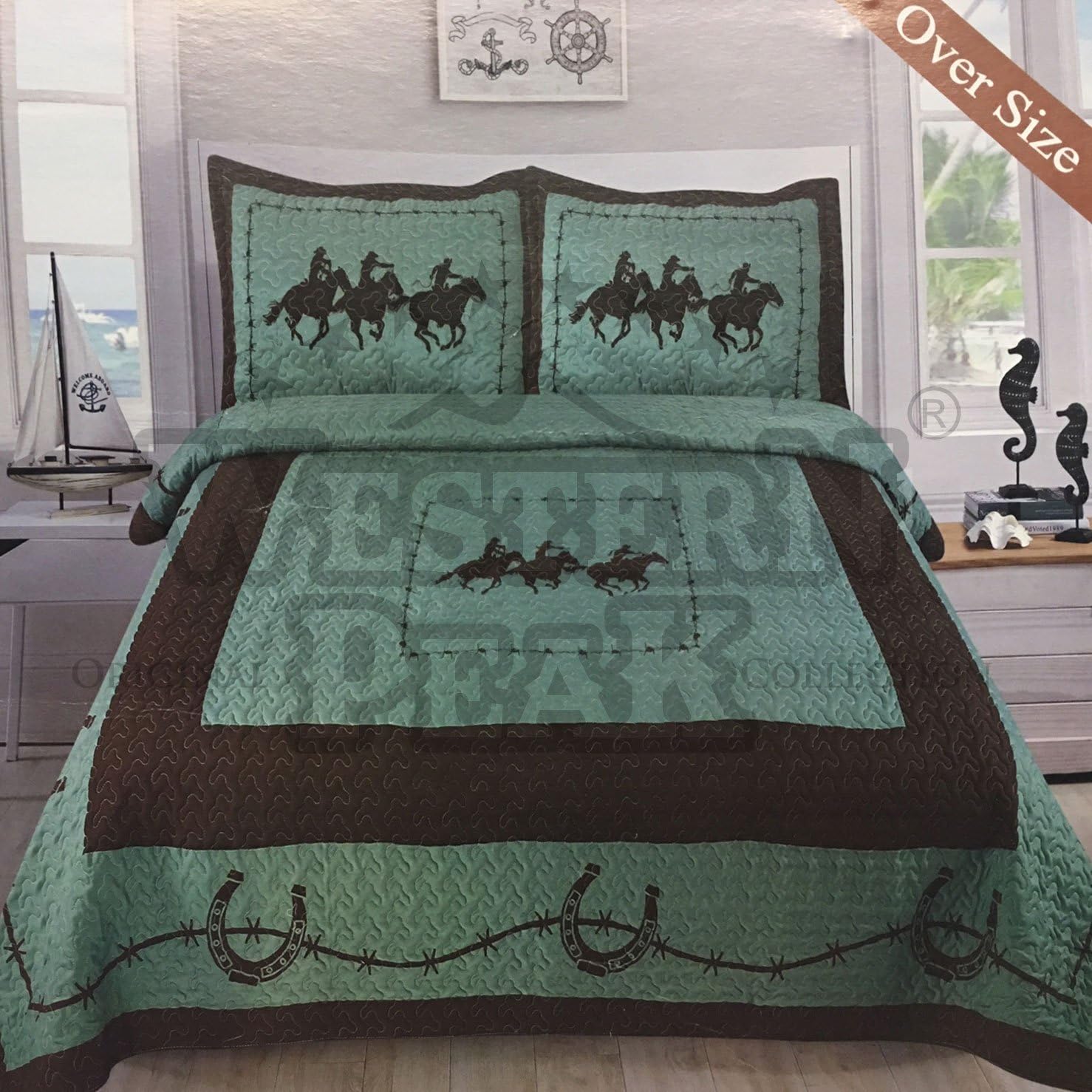 Western Peak Texas Star Horse Western Style 3 Piece Quilt Set Bedspread (Turquoise Horseshoe, King)