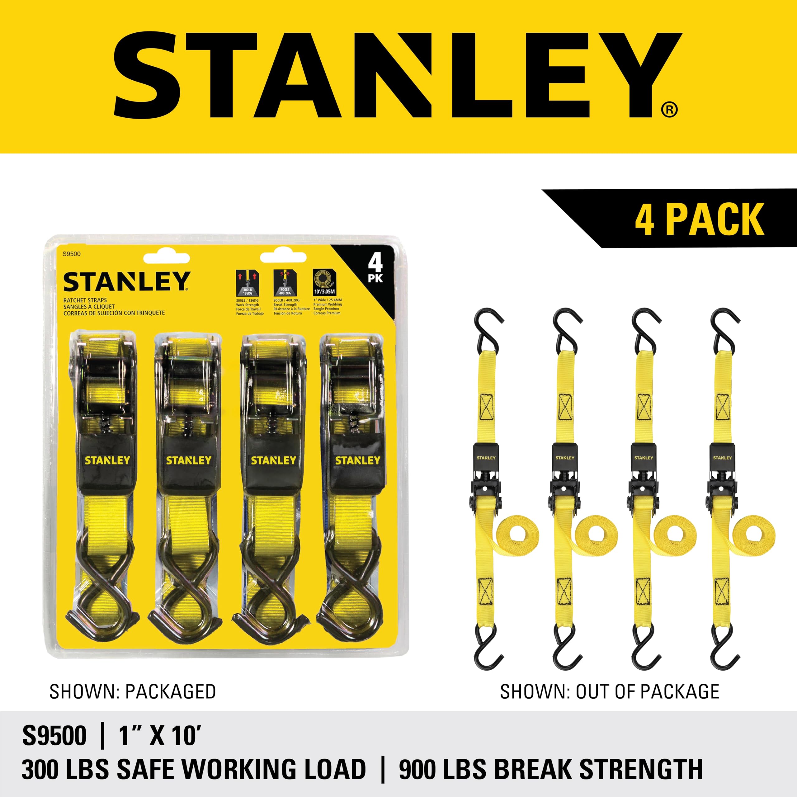 STANLEY S9500 Ratschengurt, 2,5 cm x 3 m, leichte Ladung (136 kg Arbeitslast, 408 kg Bruchfestigkeit), 4 Stück, Schwarz/Gelb 9