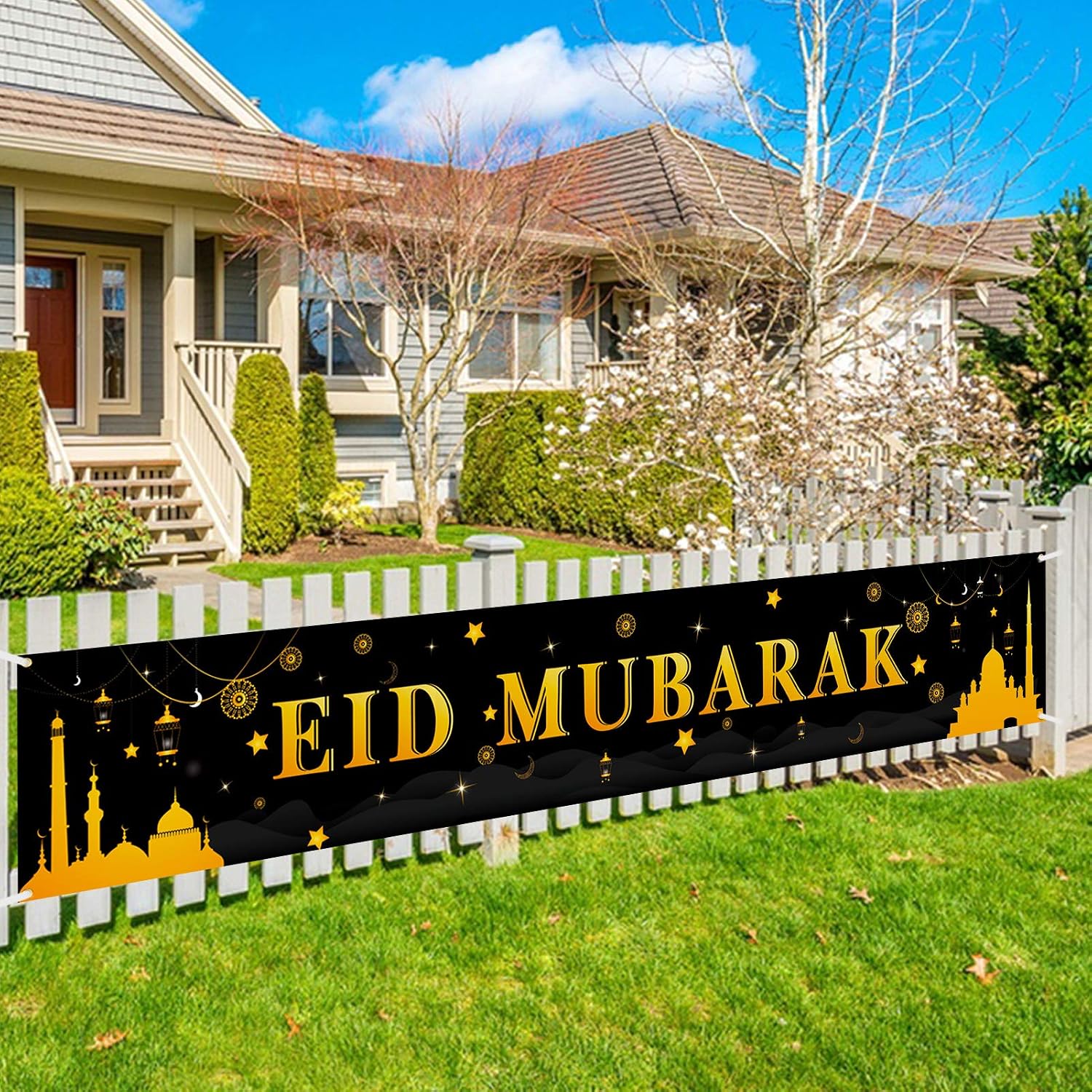 Striscione Eid Mubarak Oro E Nero 180x30 Cm | Decorazione Festa Ramadan In Tessuto Con Luna E Stelle | Banner Per Parete E Tovaglia
