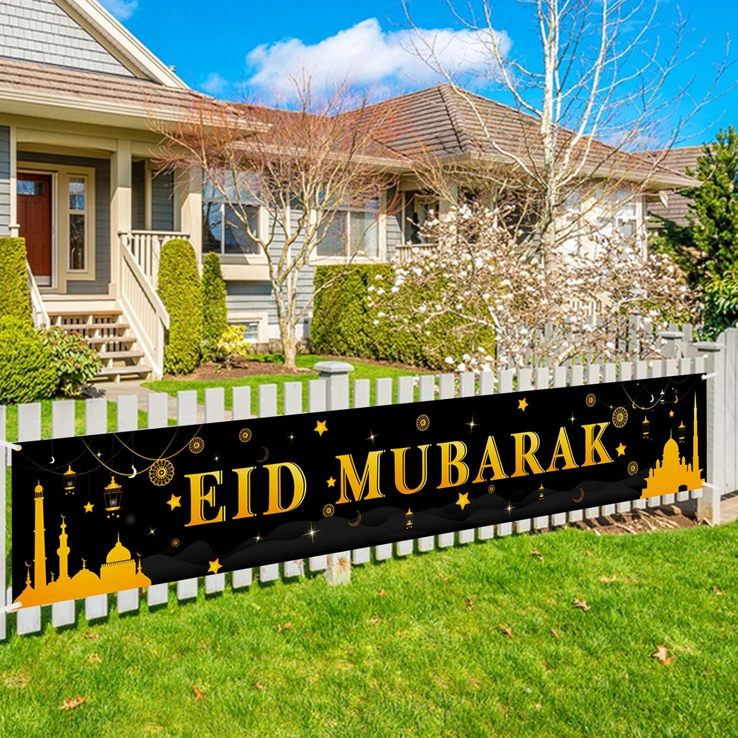 Striscione Eid Mubarak Oro E Nero 180x30 Cm | Decorazione Festa Ramadan In Tessuto Con Luna E Stelle | Banner Per Parete E Tovaglia