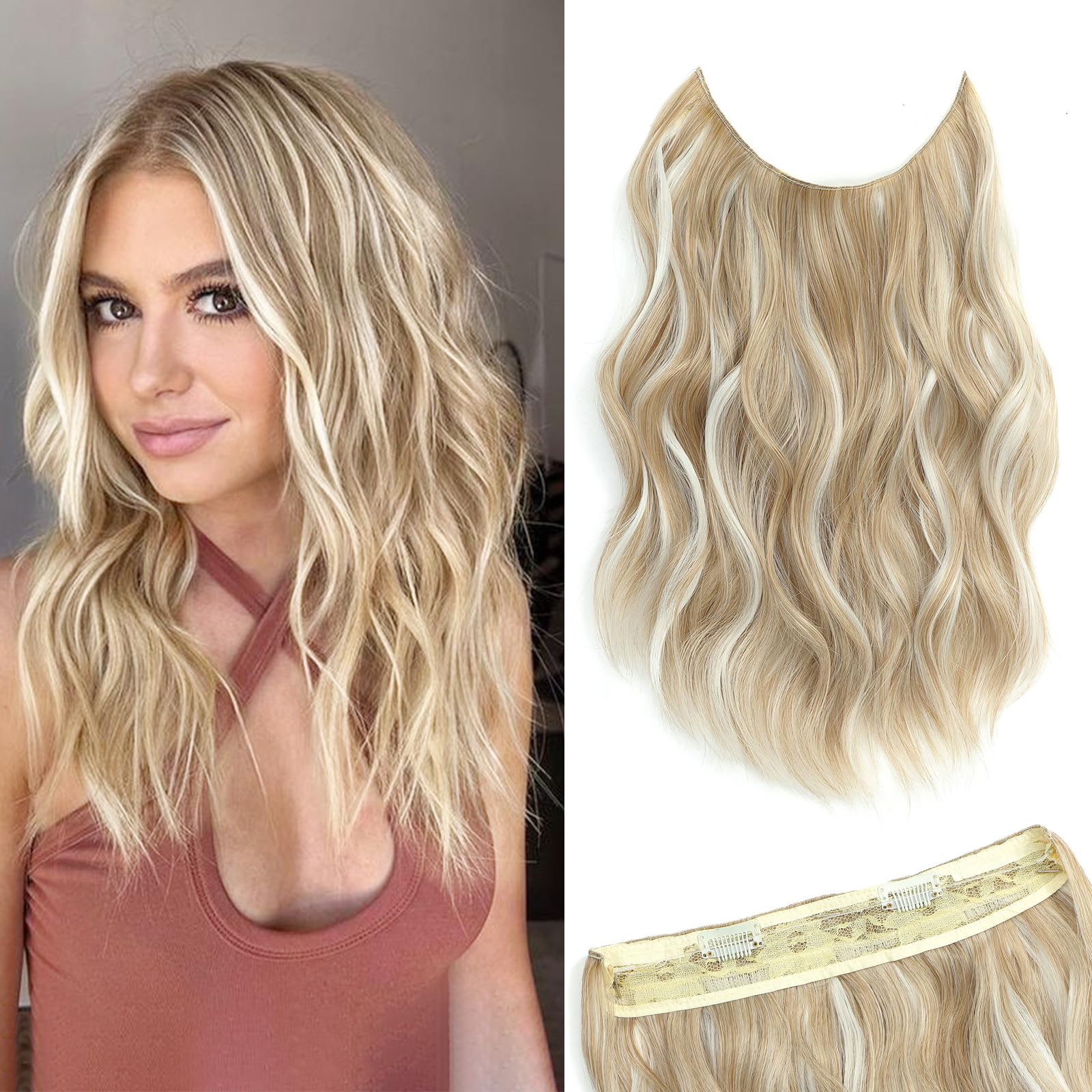 Ms TAj Sandy Blonde with White Highlights Halo Hair Extensions 12 inch with Adjustable Size Removable Clips Invisible Secret Synthetic Curly Hairpiece for Women — image 1