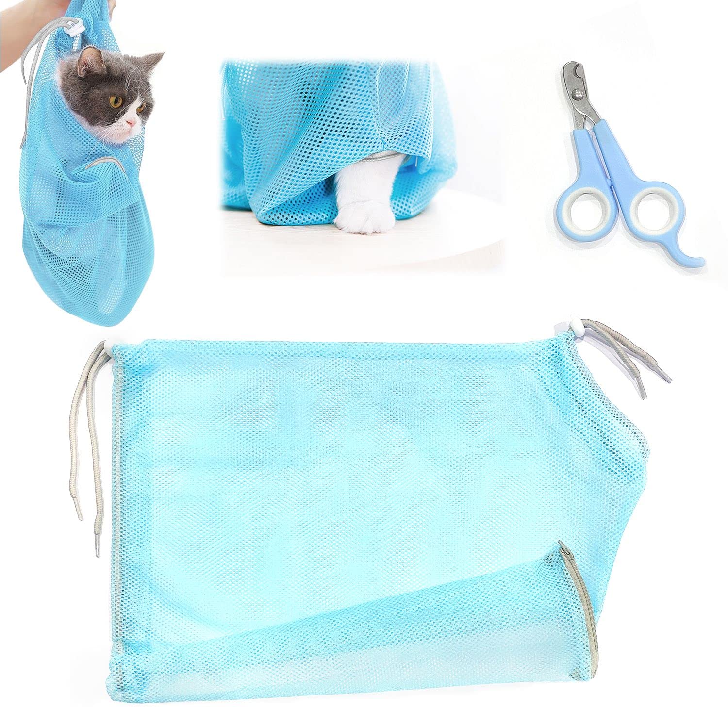 QEEQPF 1 set of pet nail scissors & cat grooming bag, mesh bag for bathing nail scissors cleaning and treatment, professional cat scissors small animal puppy nail scissors (blue)