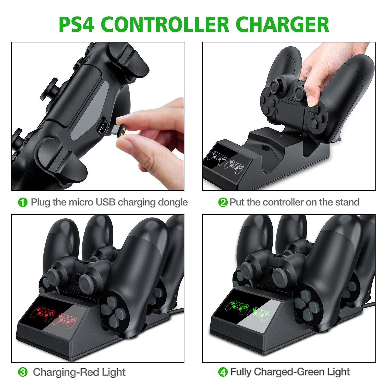 PS4 Controller Charger, BEBONCOOL PS4 Charger with USB PS4 Charging Cable, PS4 Charging Dock for Sony PS4/PS4 Slim/PS4 Pro Controllers with 4 Micro USB Charging Dongles