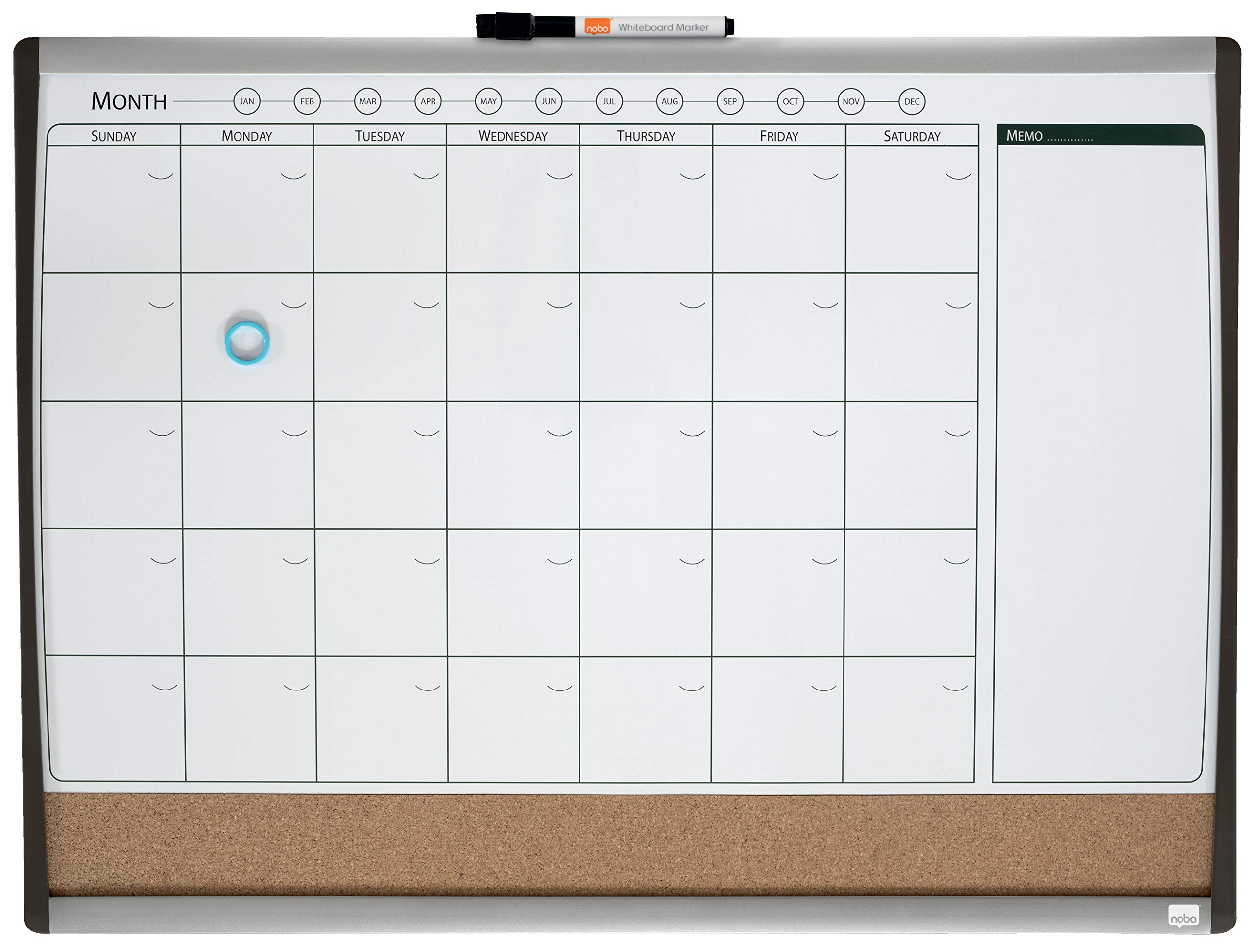 Nobo Small Magnetic Whiteboard Planner With Cork Notice Board, Weekly & Monthly, Arched Frame, Wall Mountable, Home/Office, 585 x 430 mm, 1903813