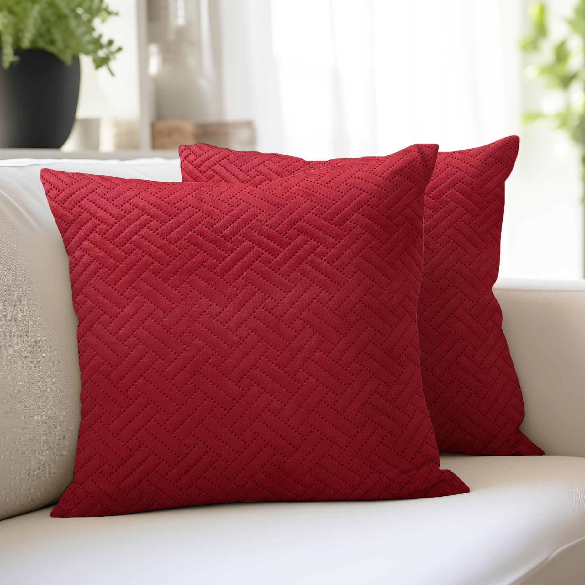 Encasa XO Cushion Covers 40x40 cm Set of 2 | Solid Color Quilted Velvet Sofa Cushion Covers | only Covers No Insert | Both Side Quilted Fabric | Red | Decorative Pillow Covers For Home