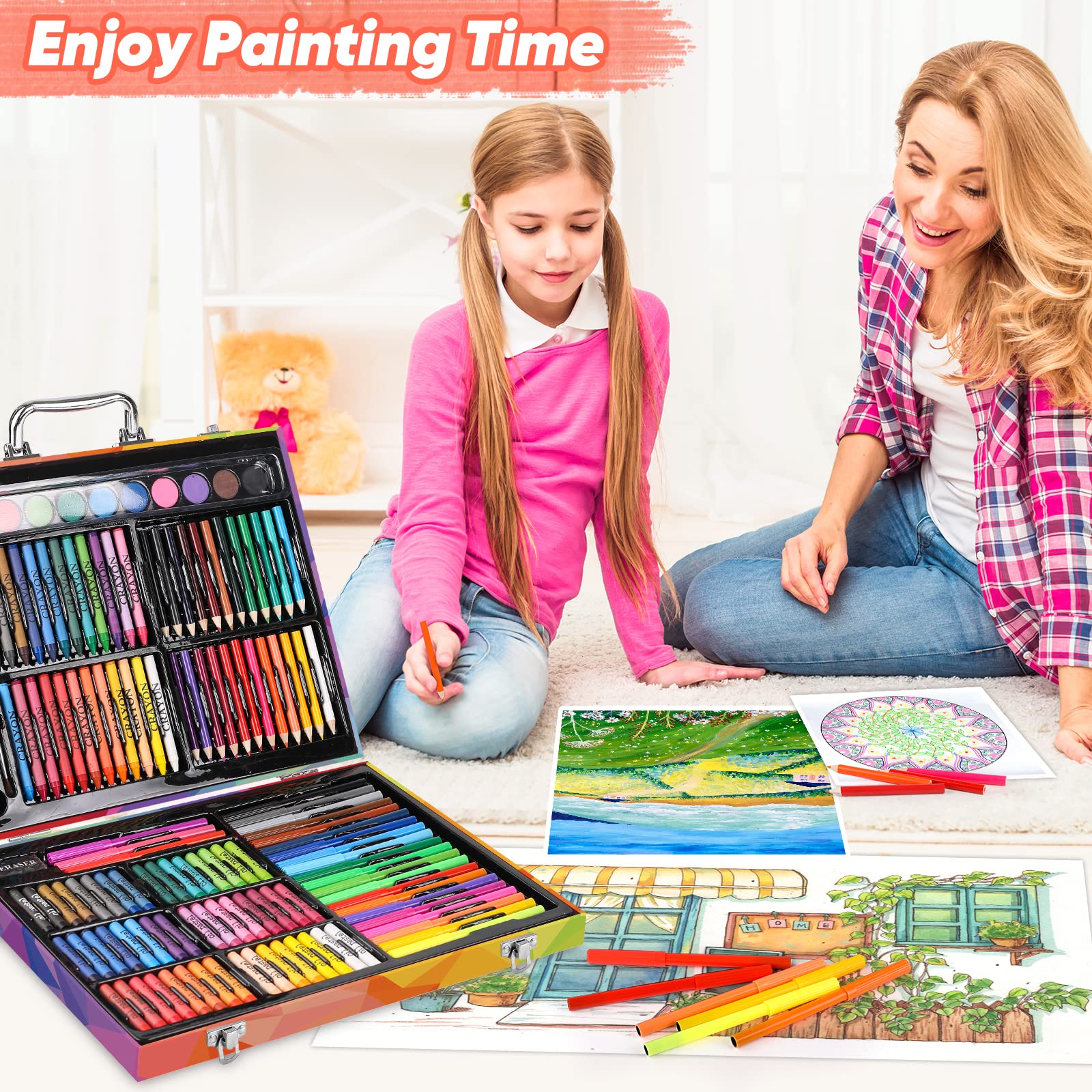 Soucolor Arts and Crafts Supplies, 183-Pack Drawing Painting Set for Kids Girls Boys Teens, Coloring Art Kit Gift Case: Crayons, Oil Pastels, Watercolors Cake, Colored Pencils Markers, Sketch Paper