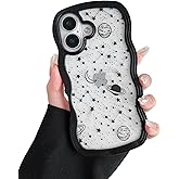 ZTOFERA for iPhone 16 Case 6.1 inch,Cute Curly Wave Frame Shape Case with Star Space Pattern, Clear Slim Shockproof Hard PC Bumper Phone Cover for iPhone 16, Black