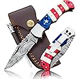 Damascus Steel Pocket Knife with Clip and Leather Sheath - EDC Knife for Outdoor and Camping Activities, Handmade Folding Knife, Free knife Sharpner (American Flag handle) (American Flag Handle)
