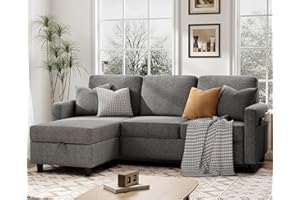 KKL Sectional Sofa, Convertible Couch with Movable Chaise, Storage Ottoman, L Shaped Couch for Small Space, Apartment Couch, Couches for Living Room, Linen, Grey