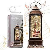 12" Christmas Snow Globe Lantern with Santa Claus - Water Glittering LED Light Lantern with Music - Vintage Xmas Angle Gift - USB Plug or Battery Operated Home Decor