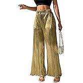 heipeiwa Women's Metallic Wide Leg Palazzo Pants Pleated Party Club Sequin Shiny Flare Pant Trouser