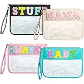 Buryeah 4 Pcs Chenille Letter Pouch Flat Nylon Clear Snack Bags Flat Multipurpose Zipper Makeup Bag for Travel Toiletry Bag Water-proof Cosmetic Pouch for Women(Simple Style)