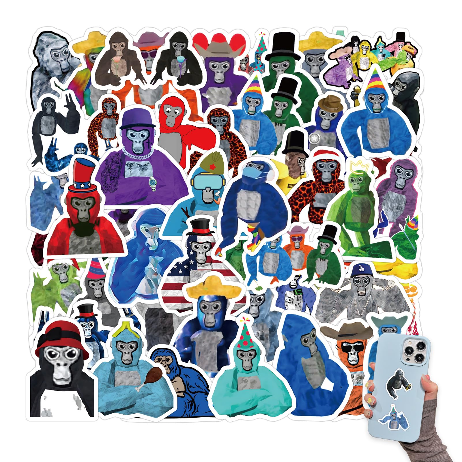 60pcs Gorilla Stickers for Kids, Multicolored Gorilla Stickers Funny Waterproof Vinyl Sticker Cartoon Chimpanzee Decals Sticker for eens Boys Girls Laptop Water Bottle Phone Flasks Luggage Scrapbook