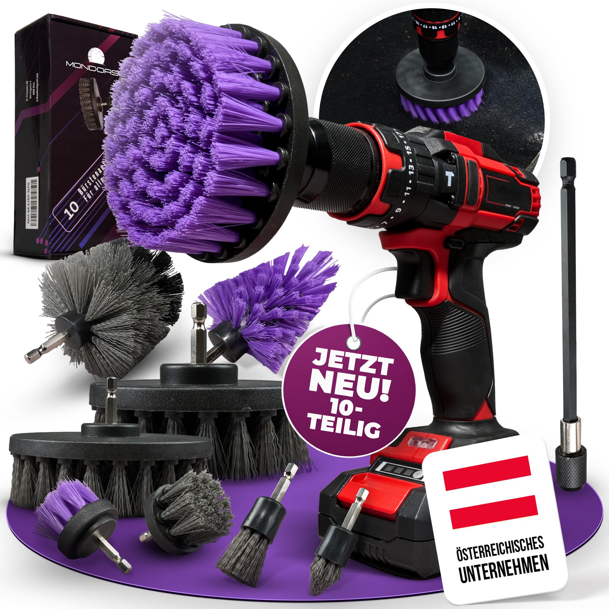 Bürstenaufsatz für Akkuschrauber 10-teilig – Drill Brush Reinigungsbürste – Bad, Küche, Auto, Fliesen, und mehr. I Reinigungsbürste Akkuschrauber I Bürstenaufsatz Bohrmaschine MONDOASE