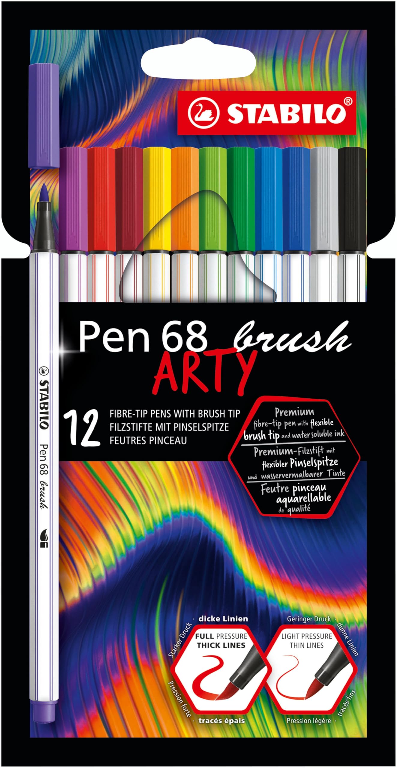 STABILO Pen 68 brush - Premium Fibre-Tip Pen with Brush Tip - ARTY - Pack of 12 - Assorted Colours — image 1