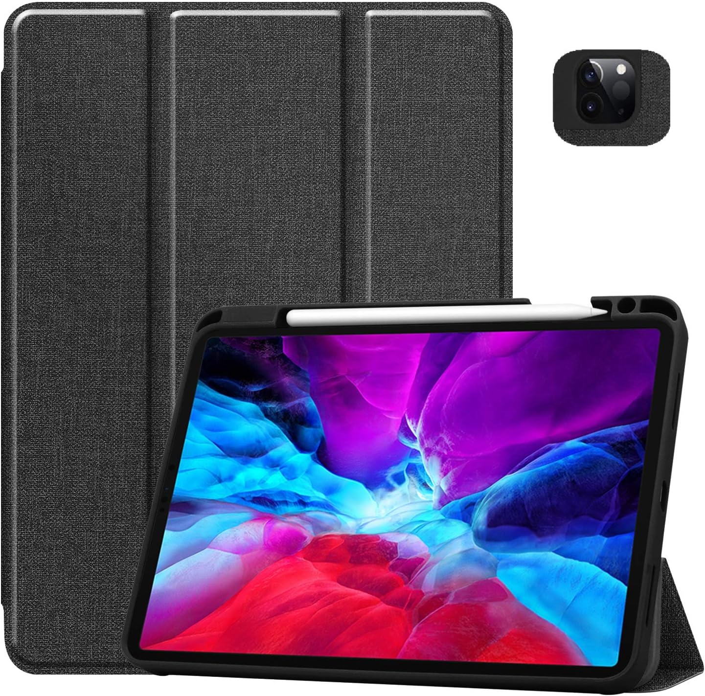 GOOVEN iPad Pro 12.9 case 2020 4th Generation，Built-in Pencil Holder，PU Leather Soft TPU Back Cover，Trifold Front Cover Smart auto Sleep/Wake Function Ultra Thin Anti Fall(iPad Pro 12.9（2020）, Black)