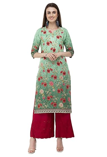 Women's Green Floral Printed Cotton Kurti