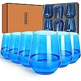 GLAZVIA Blue Stemless Wine Glasses Set of 6, 15oz Drinking Glassware Dishwasher Safe, Wine Glass Tumblers for Red or White, Gift for Party, Holiday, Anniversary, Restaurant, Home Bar, Daily Use