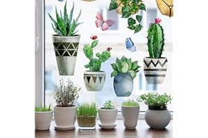 Mfault Spring Summer Potted Plant Window Clings 9 Sheets, Cactus Succulent Wall Glass Stickers Decal Hanging Bonsai Decor, Tropical Botanical Palm Leaves Home Kitchen Decorations