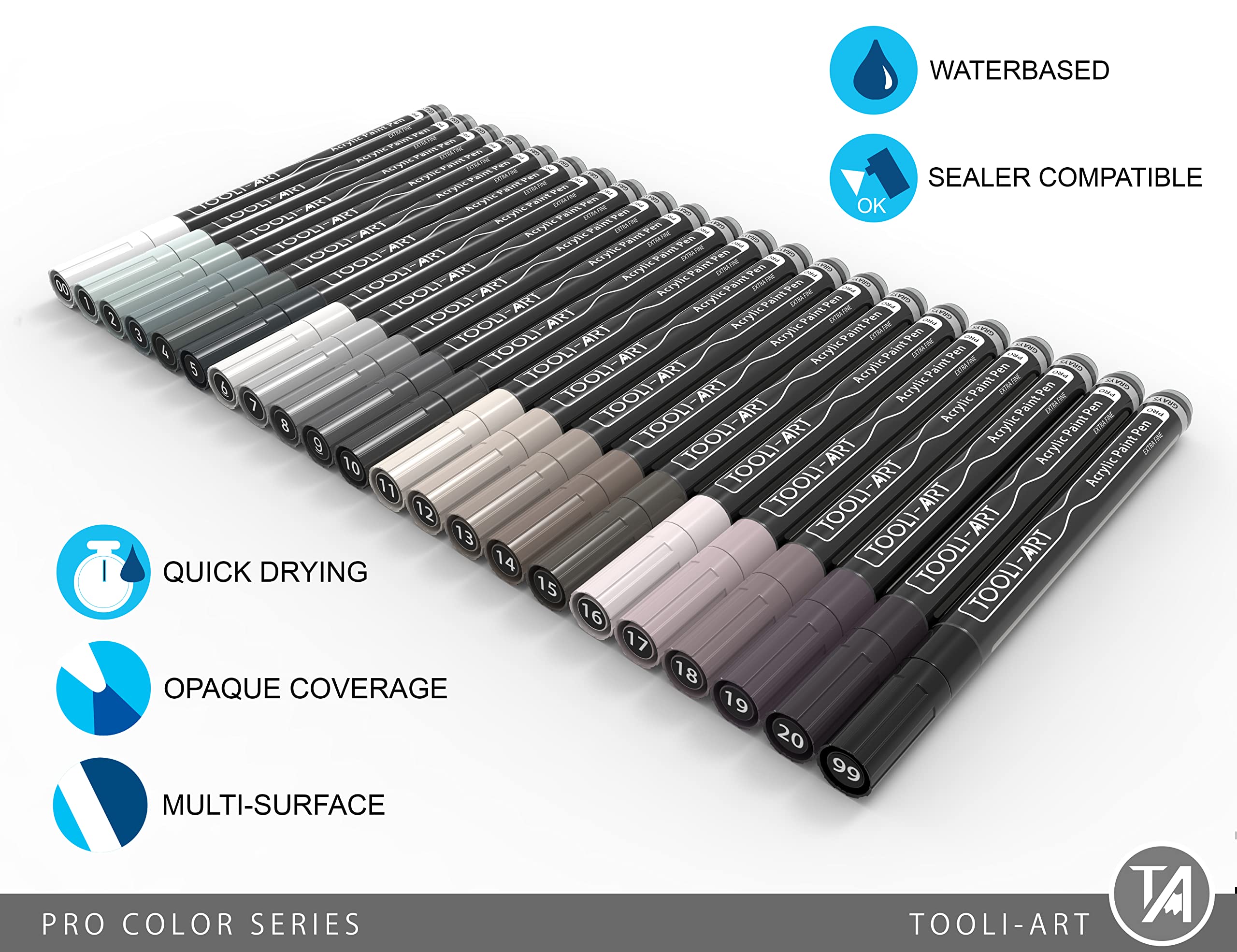 Acrylic Paint Pens 22 Gray Tones Assorted Pro Color Series Markers Set 0.7mm Extra Fine Tip for Rock Painting, Glass, Mugs, Wood, Metal, Canvas, Projects, Non Toxic, Waterbased, Quick Drying