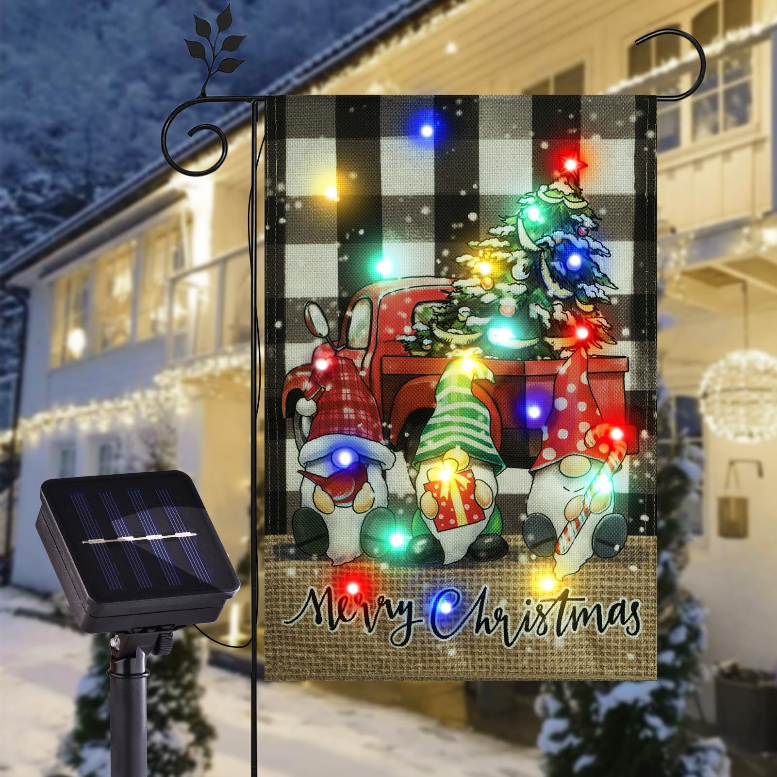 Photo 1 of Merry Christmas Garden Flag Outdoor Decorations, Led Red Truck with Three Gnomes Yard Flag, 12x18 Double Sided Solar Lighted Winter Christmas Decor (Three Dwarves)
