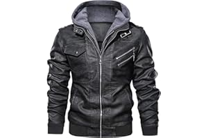 JYG Men's Faux Leather Jacket Stand Collar Motorcycle Bomber Jackets with Removable Hood