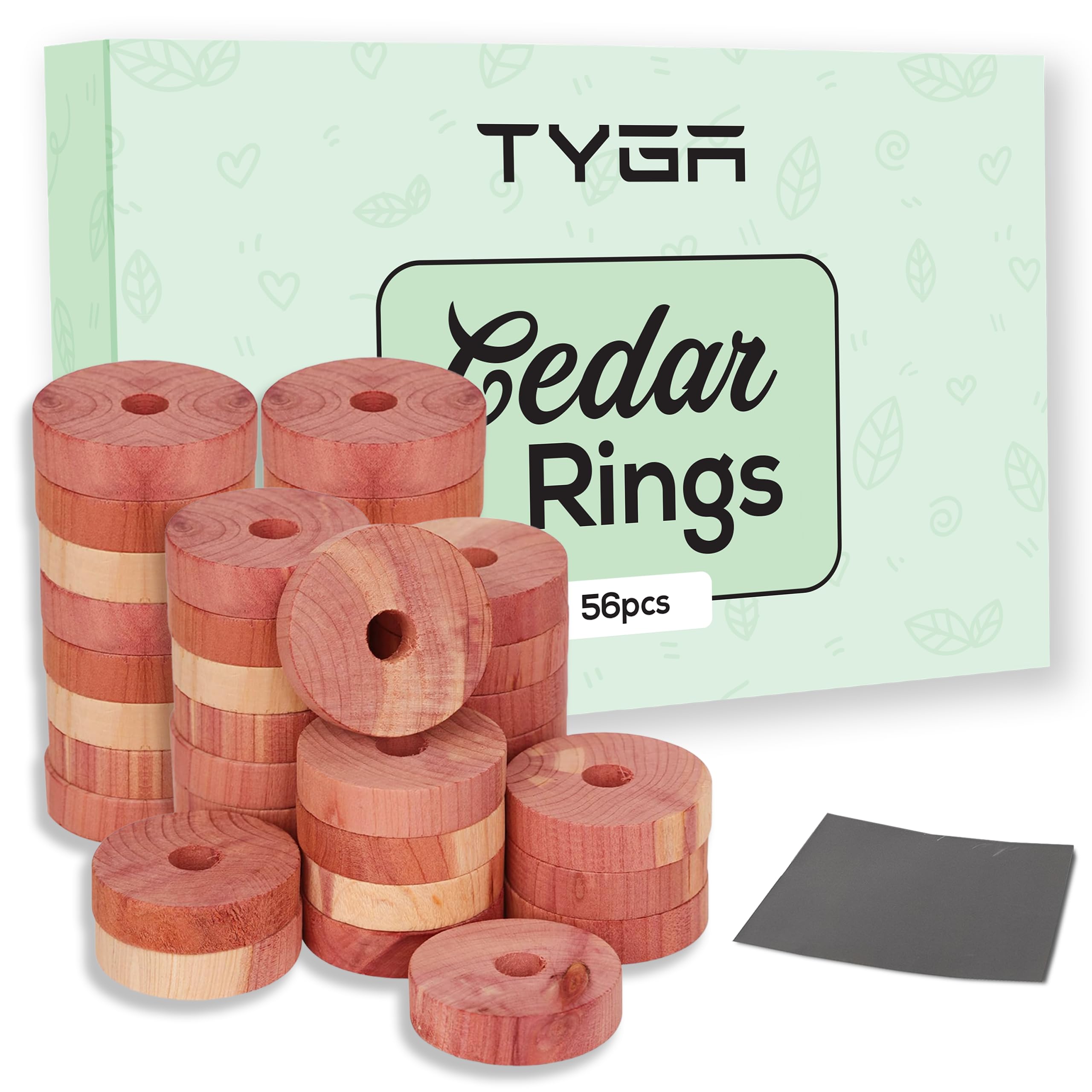 TYGA 56 Cedarwood Rings 100% Natural Moth Repellent for Wardrobes, Drawers & Travel Bags with Natural Oils to Protect Clothes - Anti-Moth Rings with Sandpaper