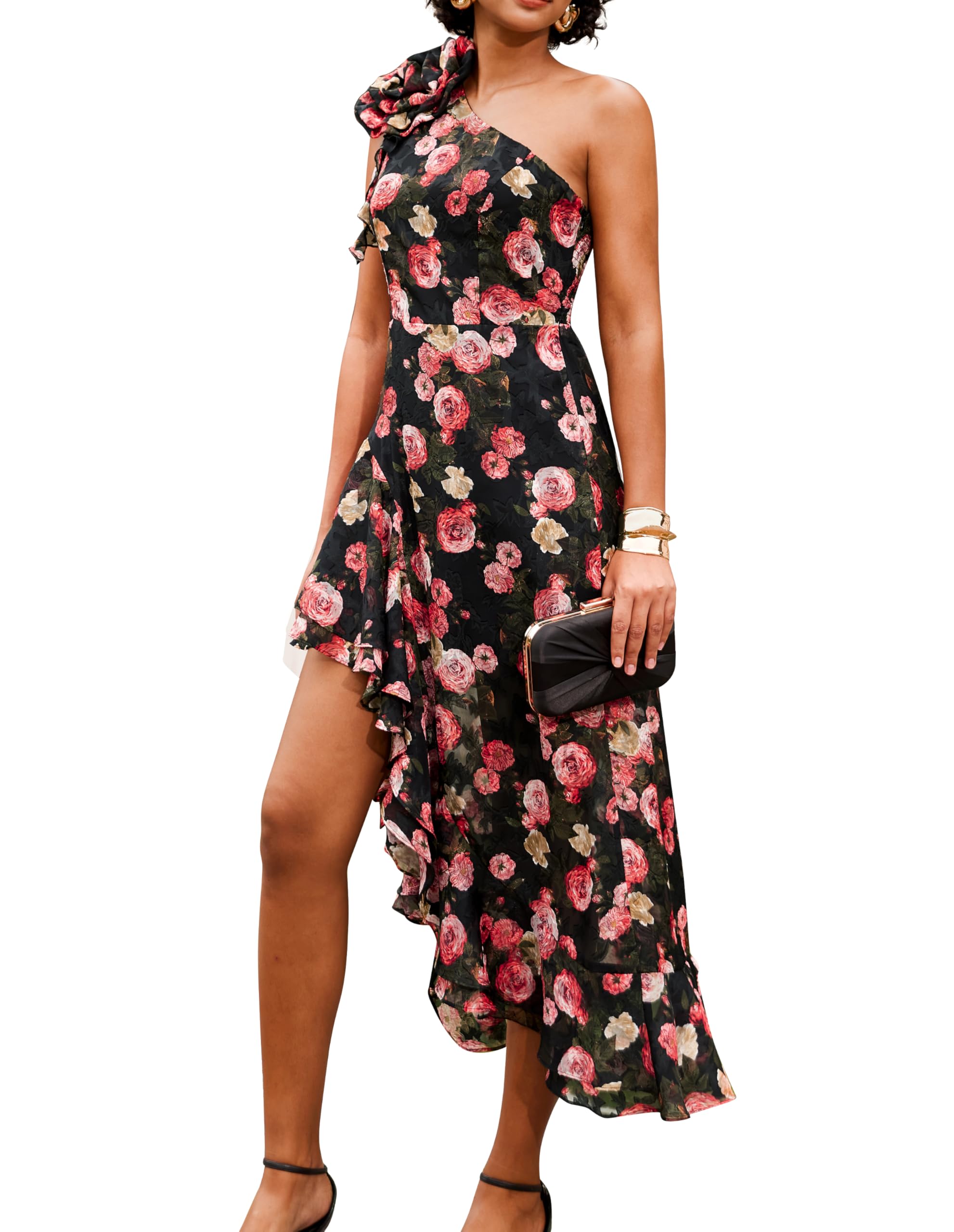 Photo 1 of GRACE KARIN Womens Floral Formal Wedding Guest Dresses One Shoulder Sleeveless Flowy Ruffle Sexy Long Sundresses Black 6