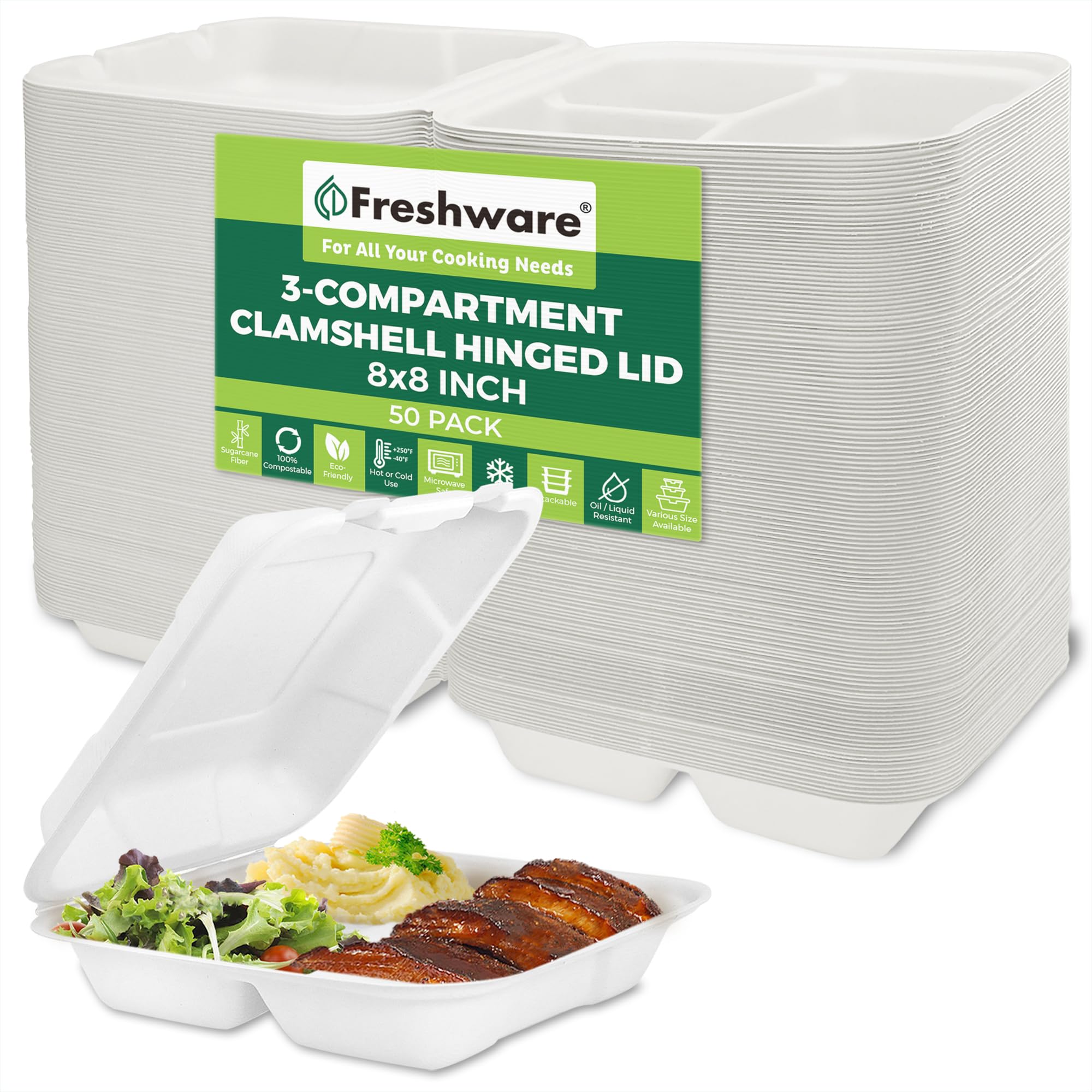 Photo 1 of Freshware Clamshell Containers, 8 x 8 Inch, 3-Compartment, 50-Pack, White