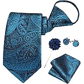 Hi-Tie Teal Zipper Ties for Men Paisley Adjustable Pre-Tied Necktie Lapel Pin Pocket Square Cufflinks Set