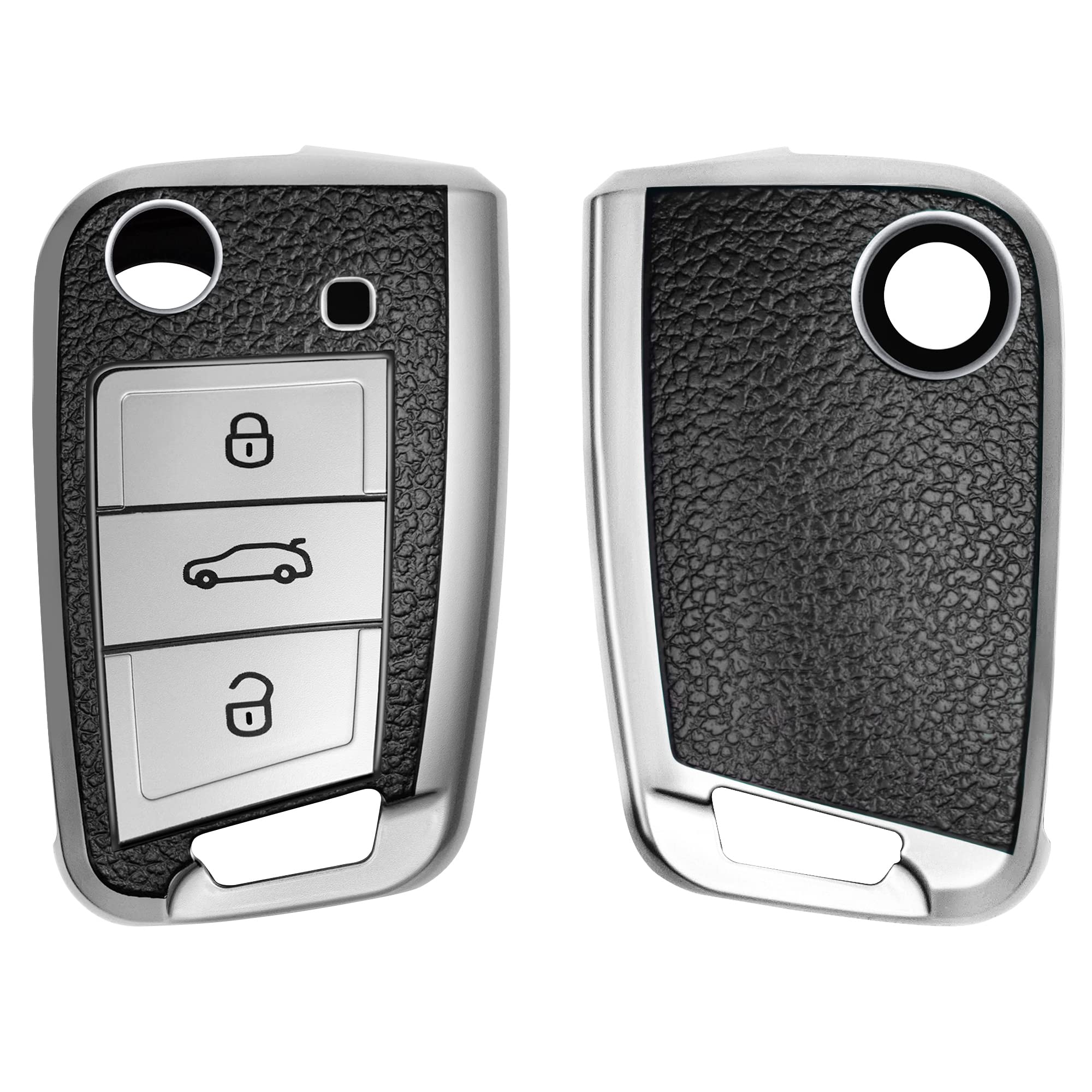 kwmobile Key Cover Compatible with VW Golf 7 MK7 3 Button Car Key - TPU Leather Look Car Key Fob Protector - Silver/Black