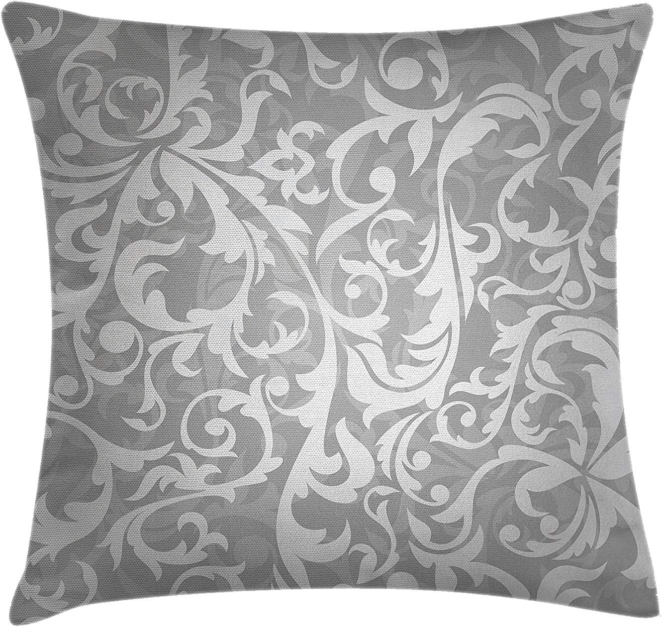 Silver Throw Pillow Cushion Cover, Victorian Style Large Leaf Floral Pattern Swirl Classic Abstract French Vintage Print, Decorative Square Accent Pillow Case, 18 X 18 Inches, Gray
