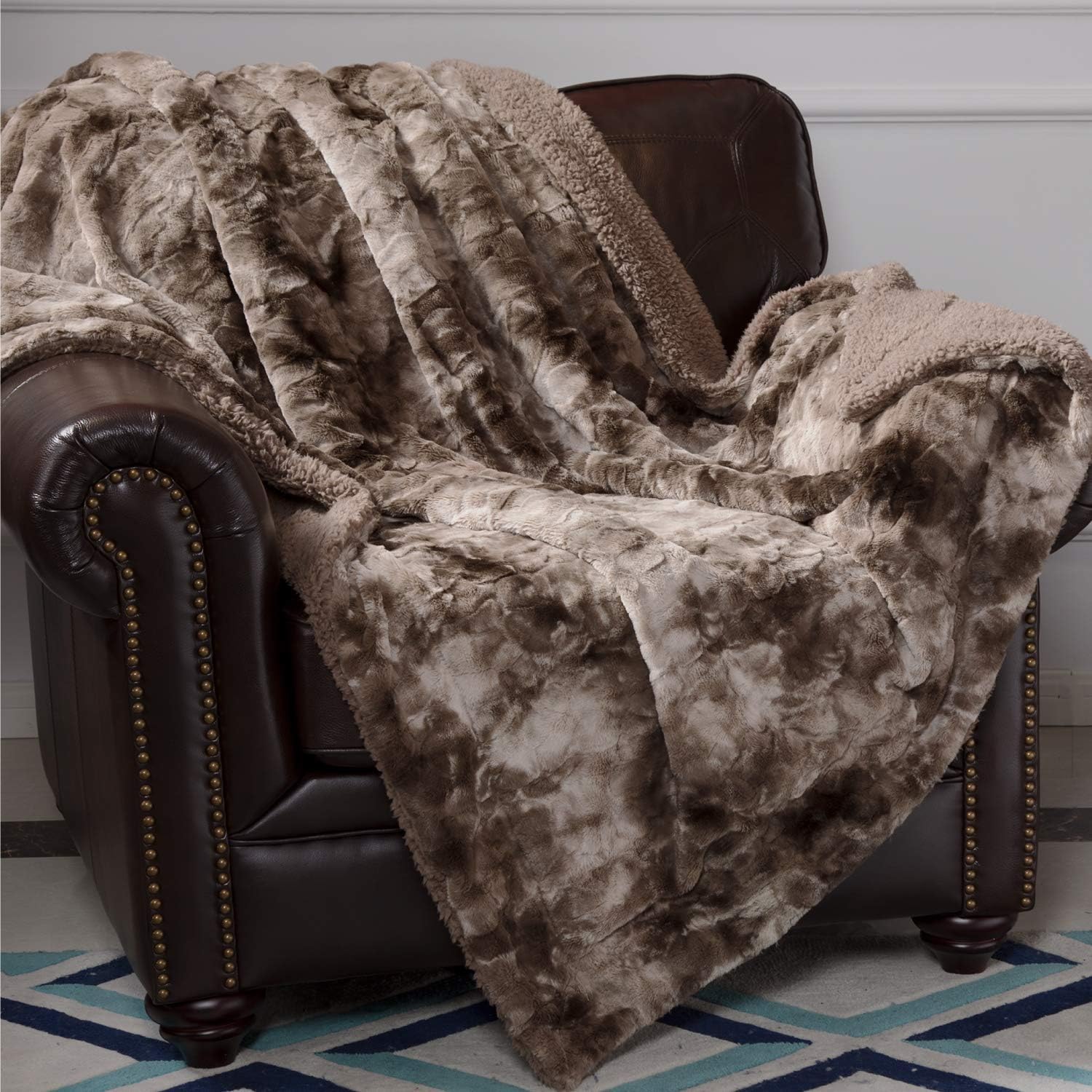 Faux Fur Bed Blanket Soft Cozy Warm Fluffy Variation Print Minky Fleece Throw Blanket (Khaki-yg, 130 x 160 cm)