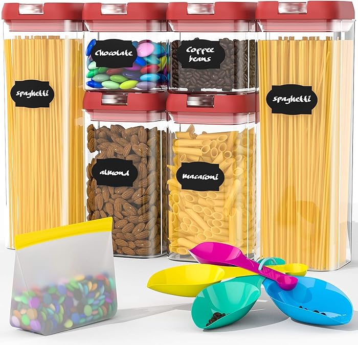 Airtight Food Storage Containers Set, BPA Free Plastic Cereal Containers Premium Kitchen Pantry Organization and Storage Container - Includes Spoon and a Small Food Storage Bag (6 Pieces)