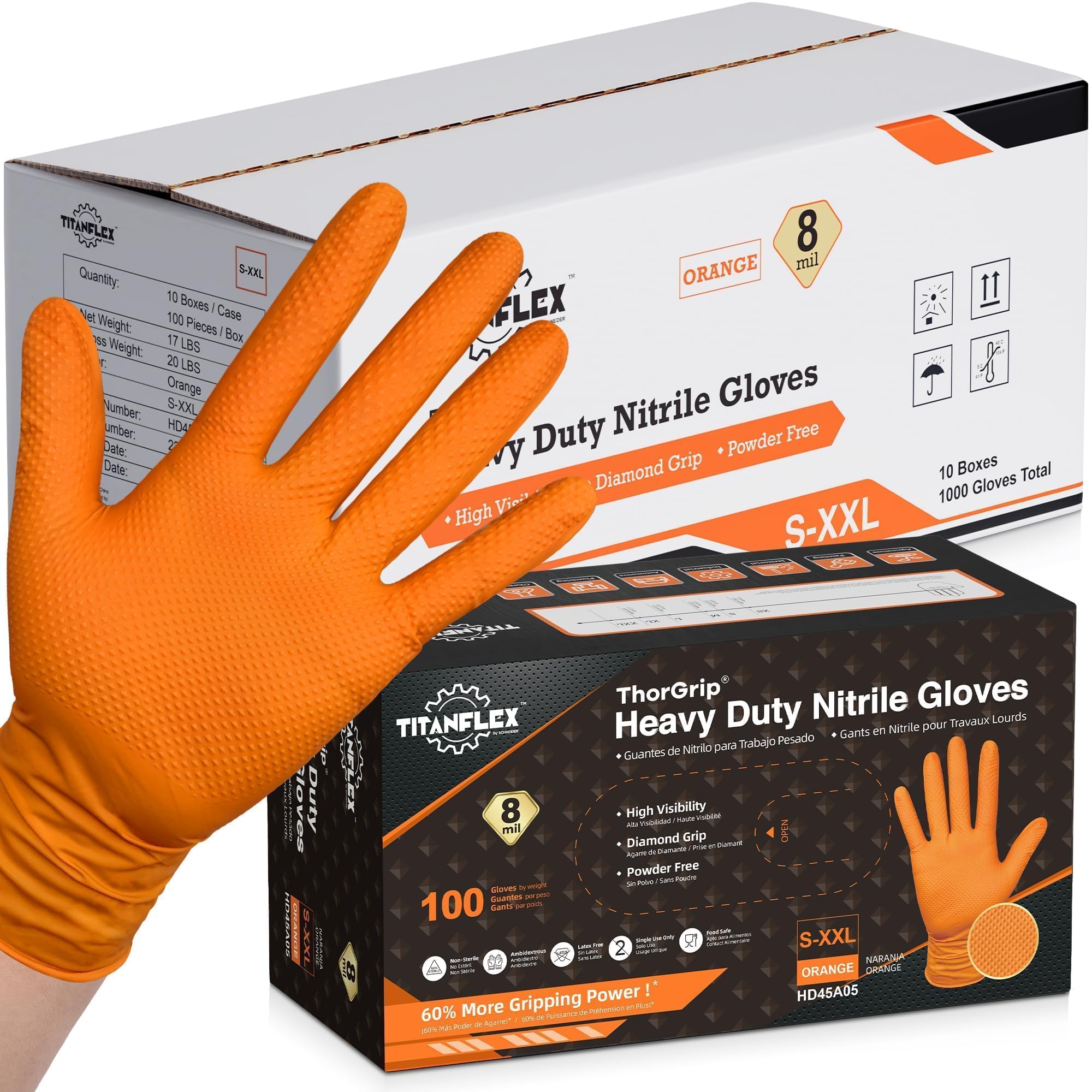 TitanFlex Heavy Duty Industrial Orange Nitrile Gloves, 8-mil, Gloves Disposable Latex Free with Raised Diamond Texture Grip, Powder Free, Rubber Glove, Mechanic Gloves,1000-ct Case (XL)