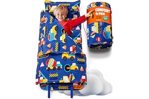 KLEVLY Nap Mats for Preschool Ages 3-5 | Toddler Sleep Mat | Soft & Non-Toxic Nap Mat Fabric with Pillow | Toddler Nap Mats for Daycare & Kindergarten | Construction Theme