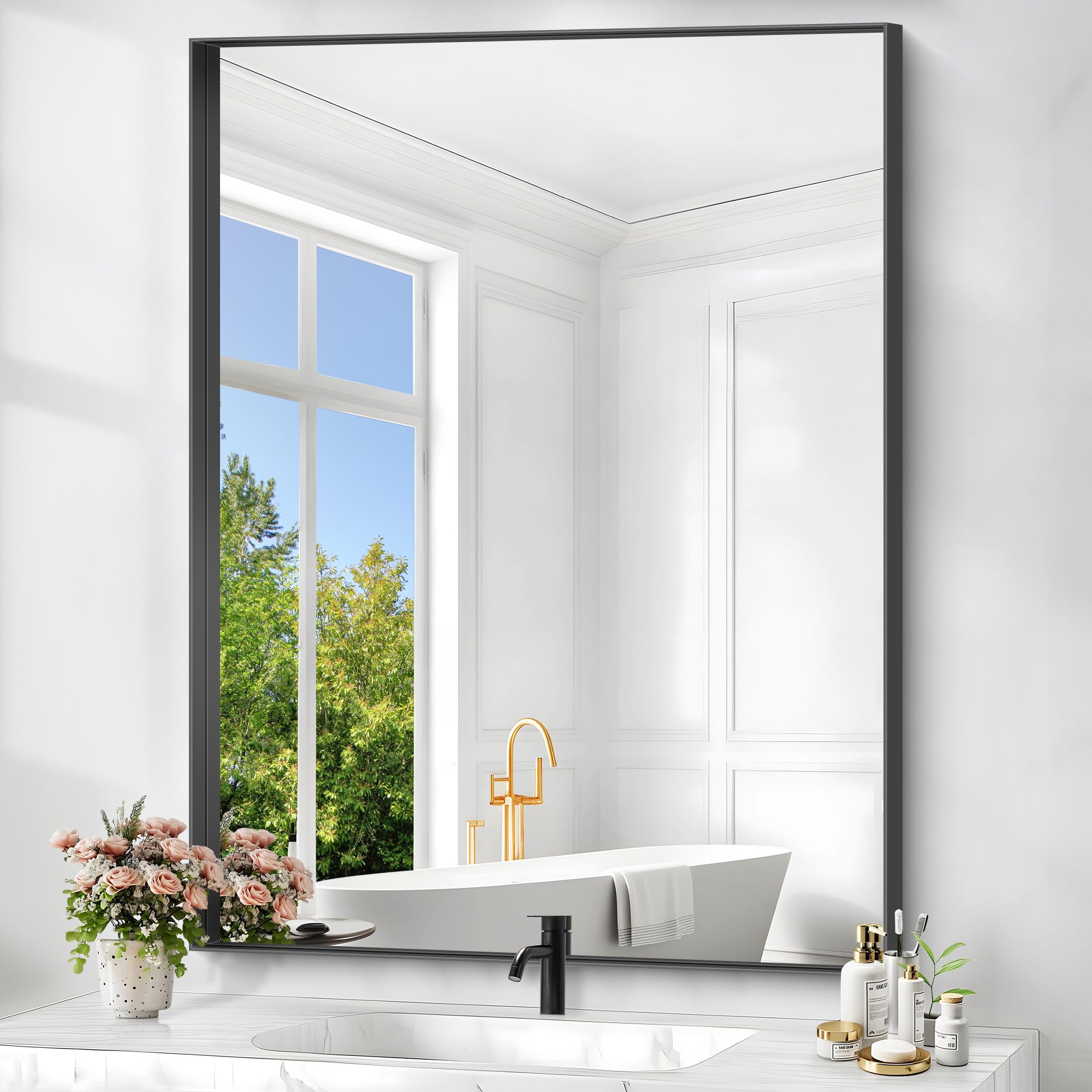 BONEWEI 30x40 inch Bathroom Mirror,Black Rectangle Mirror,Wall Mounted Bathroom Frame Vanity Mirror with Notches Corner for Bedroom,Living Room,Entryway Hangs Horizontally or Vertically.