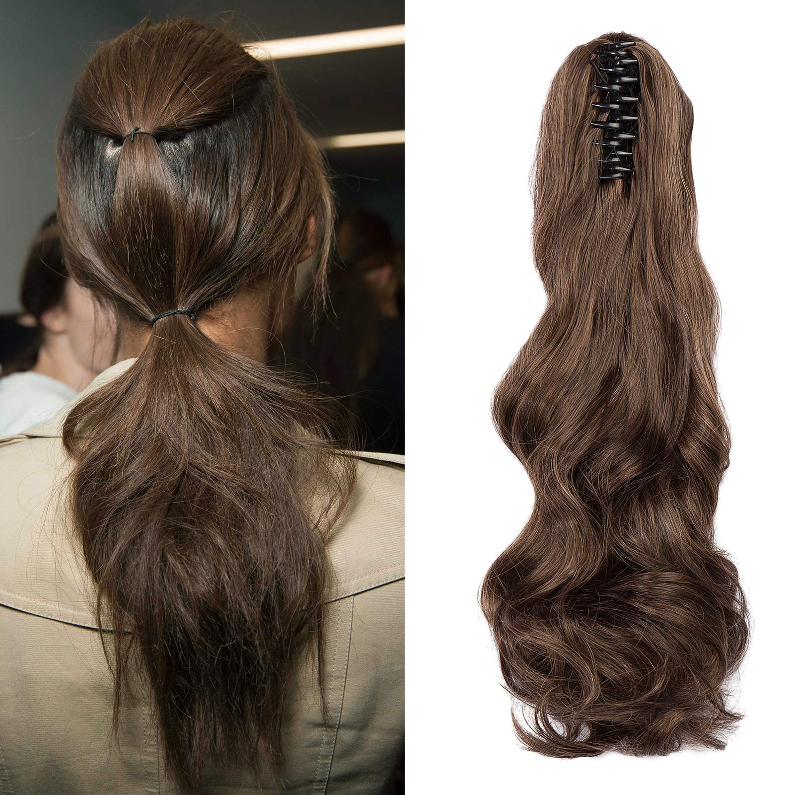 Cybelleza Ponytail Extension Curly Wavy Claw Jaw Pony Tail One Piece Clip in Hair Extensions Hairpiece Synthetic Long Natural for Women (Dark Brown&Light Auburn) — image 1