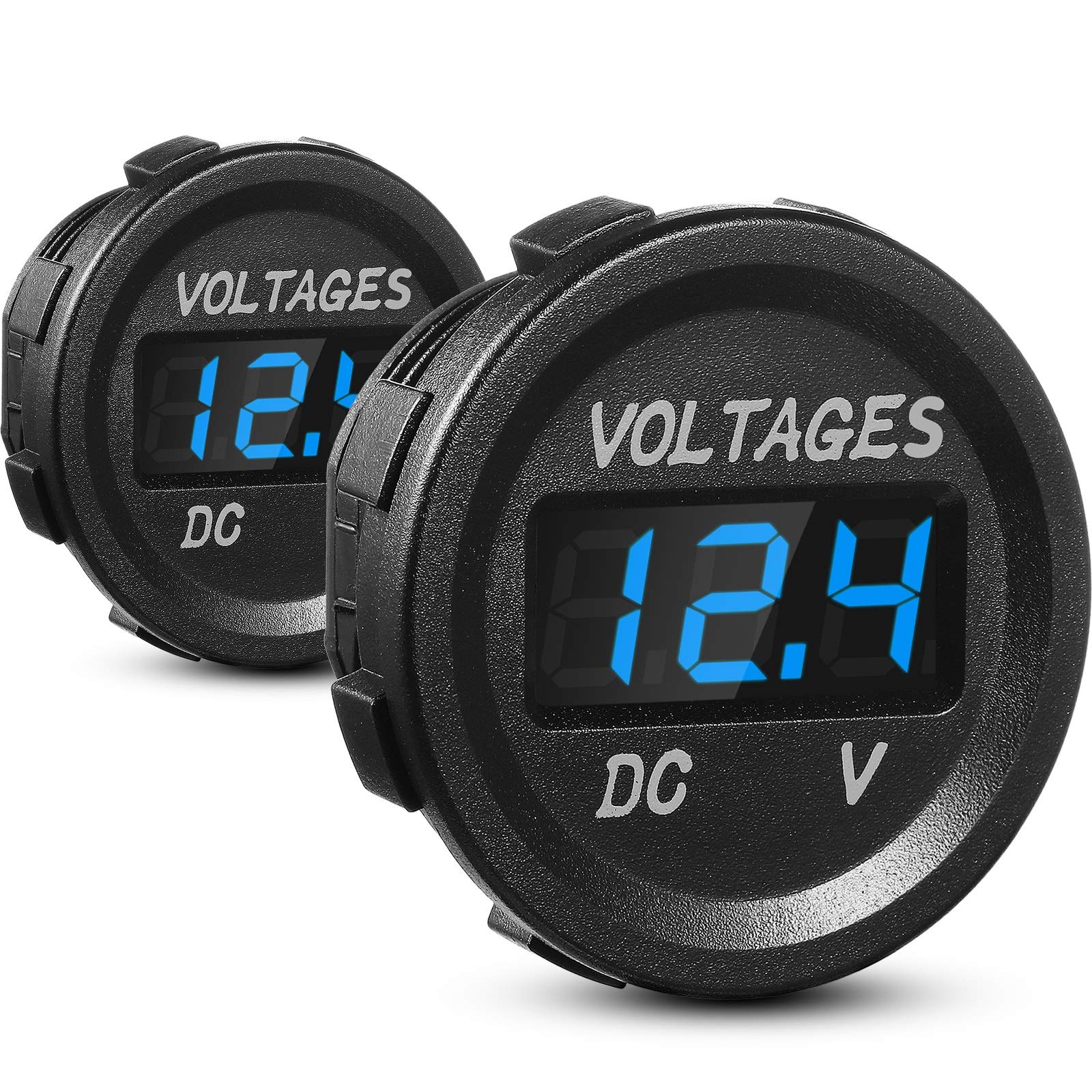 2 Pieces DC 12V Car Voltage Gauge LED Display Waterproof Voltmeter Digital Round Panel Voltmeter Compatible with Vehicle Motorcycle Truck Camper ATV UTV Car Boat Marine (Blue Digital)