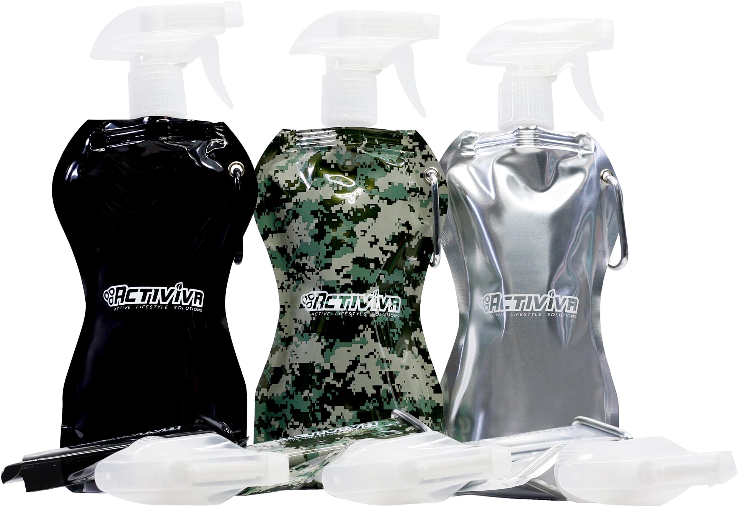 ACTIVIVA Collapsible Portable Spray Water Bottle - BPA Free with Carabiner Clip for Easy Travel - 3 Piece Pack (16.9 oz.)