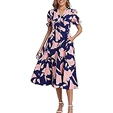 Kormei Women's Casual V Neck Boho Floral Short Sleeve Button Down Split A line Summer Beach Party Long Dress with Pockets