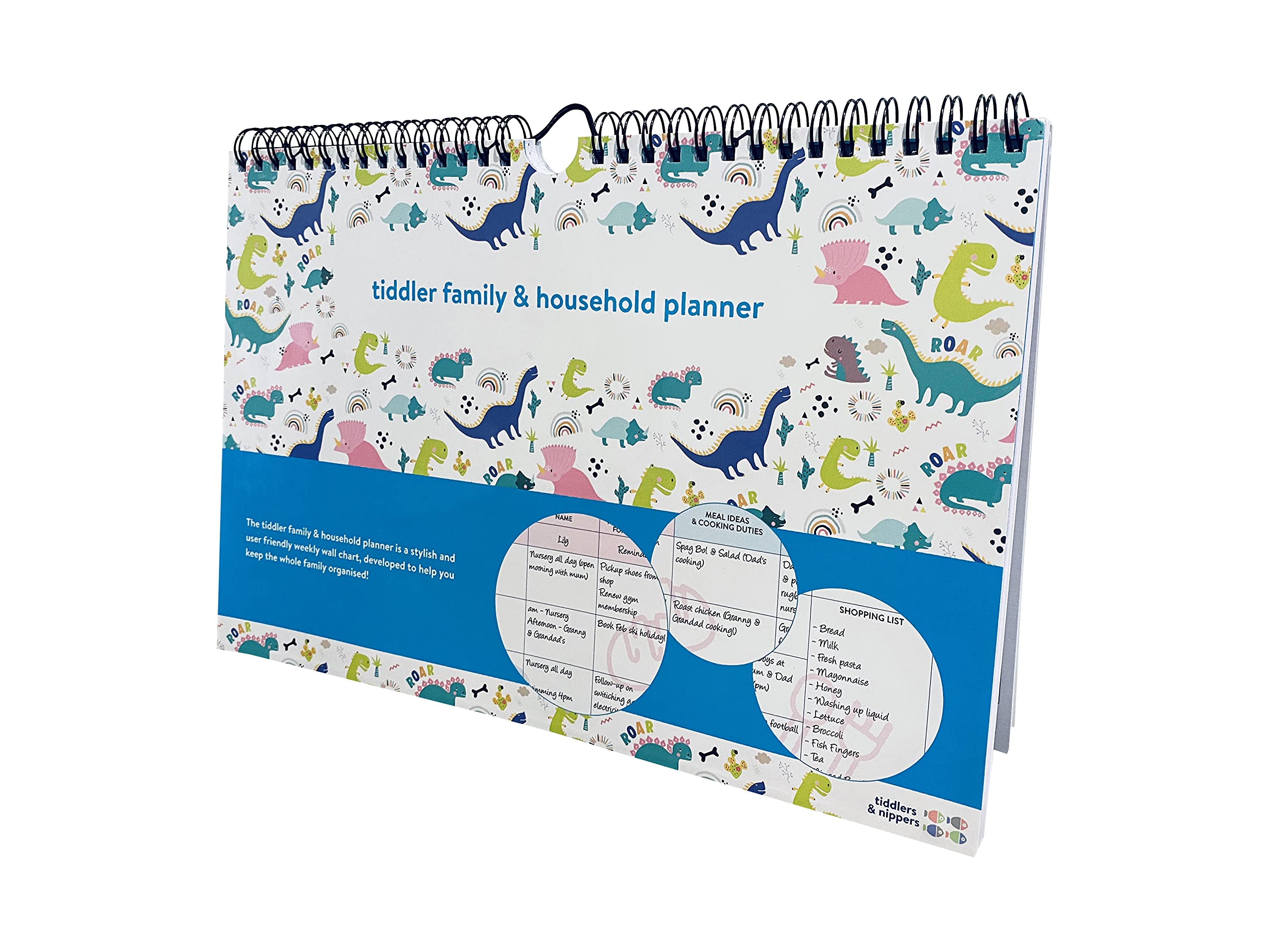 tiddler family & household planner | Undated Weekly Family Organiser/Planner Calendar | Clever Layout in A4 Size | Space For 6 People & 1 Years Planning | Packed With Useful Features (Dinky Dinos)